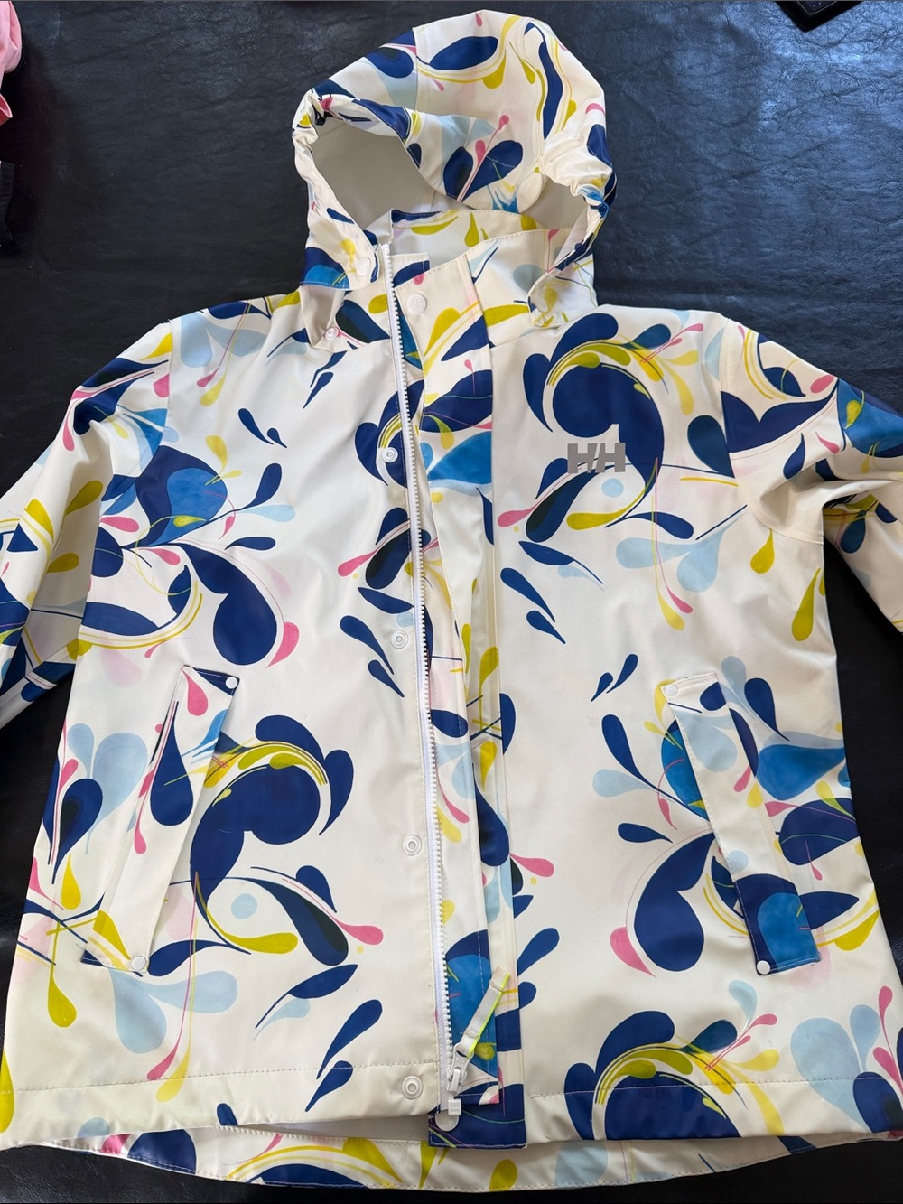 Helly Hansen White Raincoat with Navy, Yellow & Pink Splash Print